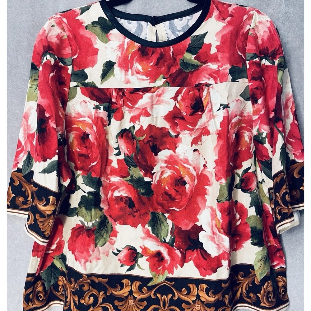 Vintage Flowy‎ Floral Rose Blouse 3/4 Sleeve Cotton Women's Size M/L  Handmade